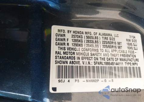 2004 Honda Odyssey Ex z USA, uszkodzony, nr VIN 5FNRL18864B144111